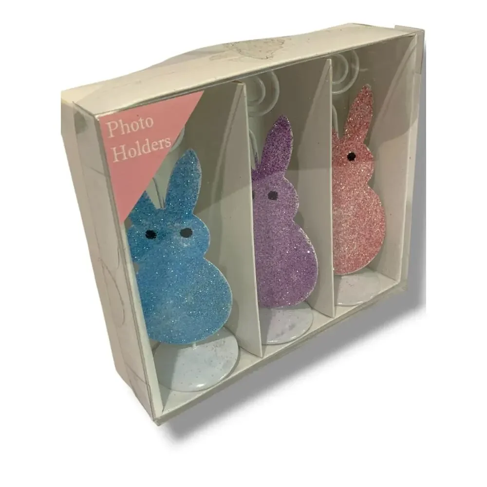 Glitter Bunny Place Card Photo Holder Box of 3 New Blue Purple Pink 4.5
